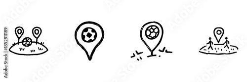 Soccer Location Pin Line Icon Set In Doodle Style. Football Field Mapping And Sports Venue Navigation Outline Sketch Collection. Hand Drawn Isolated Vector Illustration