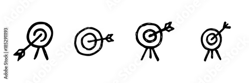 Target With Arrow Line Icon Set In Doodle Style. Precision, Goal Achievement, And Success Symbol Outline Sketch Collection. Strategic Planning And Focus. Hand Drawn Isolated Vector Illustration