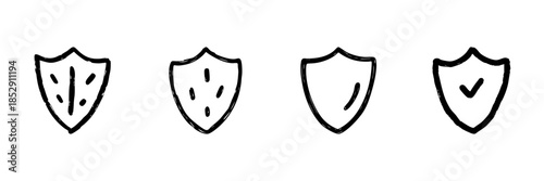 Shield Protection Line Icon Set In Doodle Style. Security, Defense, And Safety Assurance Outline Sketch Collection. Cybersecurity And Data Protection Symbols. Hand Drawn Isolated Vector Illustration