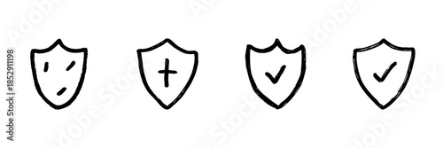 Shield Icons With Various Symbols Line Icon Set In Doodle Style. Security, Protection, And Safety Assurance Outline Sketch Collection. Hand Drawn Isolated Vector Illustration