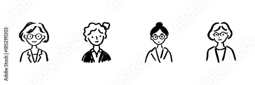 Four Female Professional Avatars Line Icon Set In Doodle Style. Businesswomen, Teachers, And Office Workers Outline Sketch Collection. Diverse Career. Hand Drawn Isolated Vector Illustration