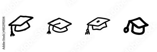 Graduation Cap Line Icon Set In Doodle Style. Academic Achievement And Education Success Outline Sketch Collection. Hand Drawn Isolated Vector Illustration