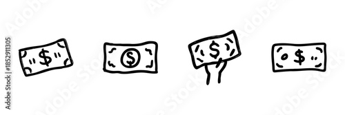 Dollar Bill Line Icon Set In Doodle Style. Financial Transactions, Currency Exchange, And Money Handling Outline Sketch Collection. Hand Drawn Isolated Vector Illustration