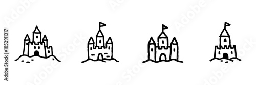 Sandcastle Line Icon Set In Doodle Style. Beach Fun, Creativity, And Summer Vacation Outline Sketch Collection. Hand Drawn Isolated Vector Illustration