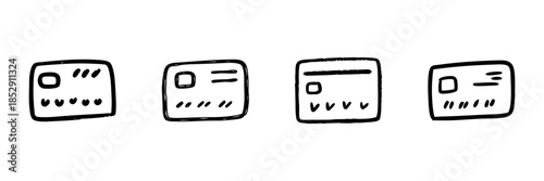 Credit Card Line Icon Set In Doodle Style. Financial Transactions, Banking, And Payment Methods Outline Sketch Collection. Hand Drawn Isolated Vector Illustration