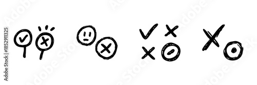 Check And Cross Symbols Line Icon Set In Doodle Style. Decision Making, Approval, And Rejection Outline Sketch Collection. Hand Drawn Isolated Vector Illustration