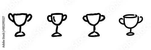 Trophy Cup Line Icon Set In Doodle Style. Achievement, Success, And Award Recognition Outline Sketch Collection. Hand Drawn Isolated Vector Illustration