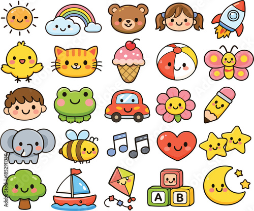 Cute Kids Icon Set with Animals Toys Food Vehicles and Smiley Faces Colorful Cartoon Vector Illustration