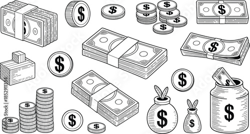 Money and Cash Illustration Set with Banknotes Coins Dollar Symbols and Wealth Elements Line Vector