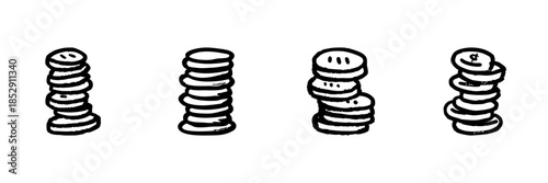 Stacks Of Coins Line Icon Set In Doodle Style. Financial Growth, Savings, And Wealth Accumulation Outline Sketch Collection. Hand Drawn Isolated Vector Illustration