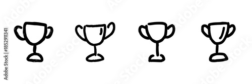 Trophy Cup Line Icon Set In Doodle Style. Achievement, Success, And Award Recognition Outline Sketch Collection. Celebration And Victory Symbols. Hand Drawn Isolated Vector Illustration