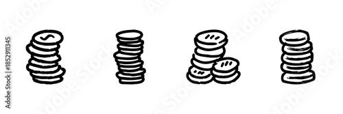 Stacks Of Coins Line Icon Set In Doodle Style. Financial Growth, Savings, And Wealth Accumulation Outline Sketch Collection. Economic Prosperity Symbols. Hand Drawn Isolated Vector Illustration