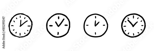 Four Clock Faces Line Icon Set In Doodle Style. Time Management, Scheduling, And Punctuality Outline Sketch Collection. Hand Drawn Isolated Vector Illustration