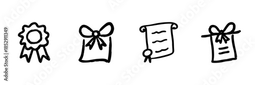 Award And Gift Icons Line Set In Doodle Style. Achievement Recognition, Certificate, And Present Outline Sketch Collection. Celebration And Appreciation Symbols. Hand Drawn Vector Illustration