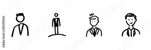 Business Professional Icons Line Set In Doodle Style. Corporate Identity, Leadership, And Teamwork Representation Outline Sketch Collection. Hand Drawn Isolated Vector Illustration