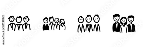 Group Of People Line Icon Set In Doodle Style. Teamwork, Collaboration, And Community Outline Sketch Collection. Business And Social Interaction. Hand Drawn Isolated Vector Illustration