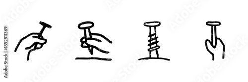 Hand Holding Nail Line Icon Set In Doodle Style. Construction, Carpentry, And Diy Tools Outline Sketch Collection. Home Improvement And Repair Symbol. Hand Drawn Isolated Vector Illustration