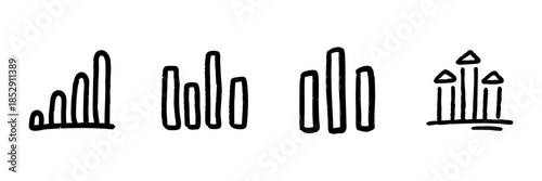 Bar Chart Line Icon Set In Doodle Style. Data Visualization, Analytics, And Statistical Representation Outline Sketch Collection. Business And Financial Analysis. Hand Drawn Vector Illustration