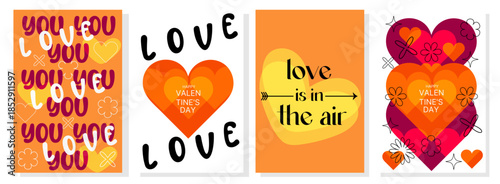 Happy Valentine's Day cards set. Modern abstract design with hearts, shapes and text. Vector design