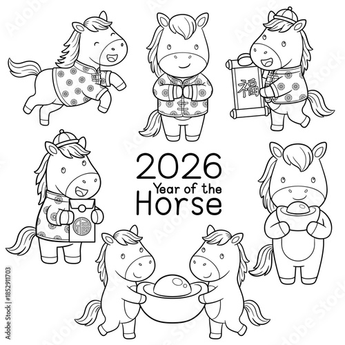 2026 Year of the Horse cute cartoon vector set. Chinese New Year zodiac animal outline illustration for coloring book.