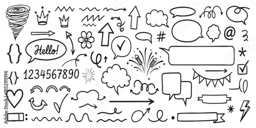 A diverse collection of hand drawn doodles, arrows, speech bubbles, and graphic elements