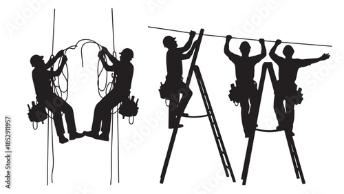 Vector Set of Industrial Workers on Ladders with Tools, Highlighting Team Collaboration in Construction and Repair Services.