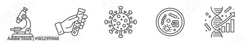 Biotechnology Icon Set, Laboratory Research, Medical Science, Microbiology, Genetic Engineering and DNA Innovation Concept Icons, Vector Illustration