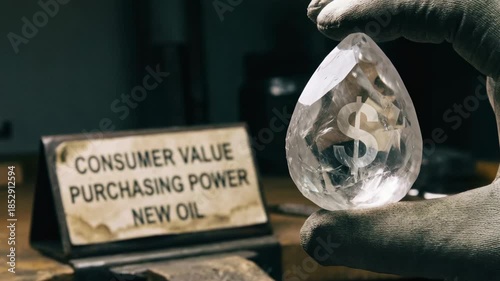Purchasing power and consumer value highlight new oil fuel extraction metaphors with gloved hand holding crystal featuring dollar sign inside