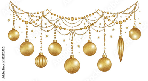 Elegant golden christmas ornaments hanging isolated on transparent background