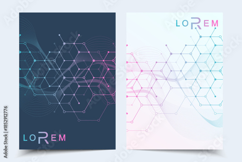 Modern templates for brochure magazine leaflet flyer cover booklet annual report. Modern futuristic hexagonal pattern with particle, molecule structure for medical, technology, chemistry, science.