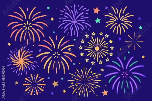 Colorful fireworks display against a dark purple night sky celebration image