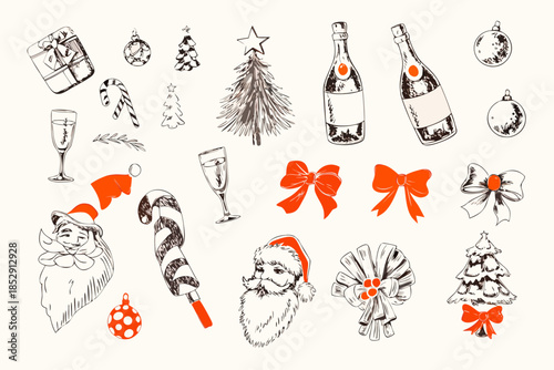 Festive christmas sketches gifts champagne santa and holiday decorations collection