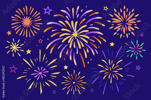 Colorful fireworks display against a dark blue starry night background