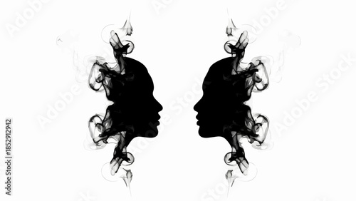 Abstract ink splatters form symmetrical profiles of two facing heads against a white background