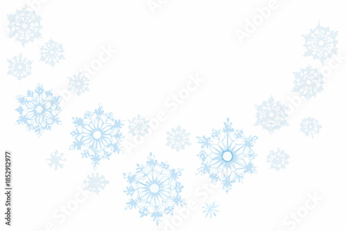 Delicate blue snowflakes form a wintery decorative arc across a white background