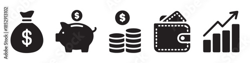 Financial icons collection, money bag piggy bank coins wallet growth chart icons