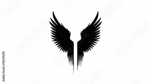 Dramatic black angel wings silhouette on a stark white background, symbolizing power and mystery.