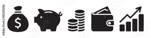 Finance and business icons money bag piggy bank coins wallet growth chart symbols
