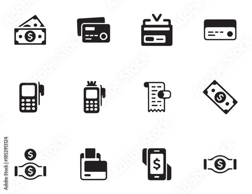 Payment and finance icons set, credit cards cash and transaction processing vector