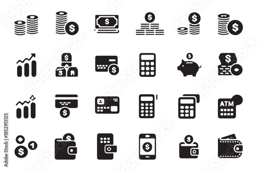 Financial icons in silhouette style for business and economy concepts with money and banking elements