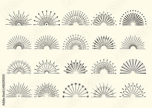 Abstract geometric patterns of radiating lines and arches in a grid arrangement