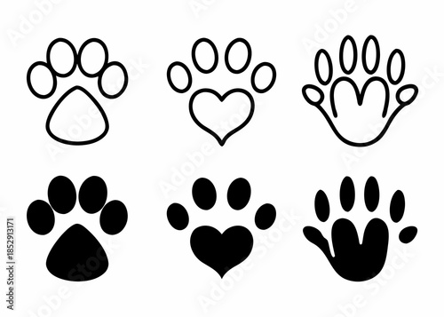 Collection of various black and white animal paw print illustrations