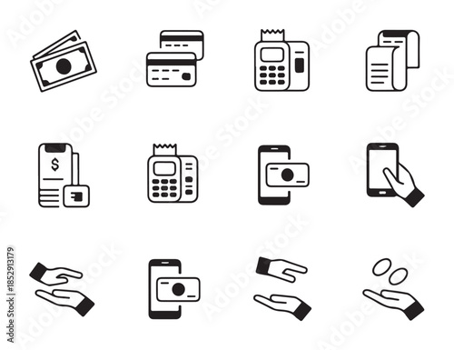 Set of outline icons for various payment methods and financial concepts isolated on white