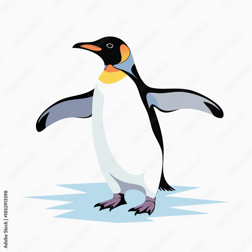 Fototapeta premium A vibrant cartoon illustration of a king penguin standing on a small patch of ice with its flippers slightly spread.