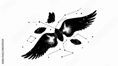 Mystical silhouette of angelic wings with celestial constellations and a delicate butterfly in a dreamlike, ethereal scene.