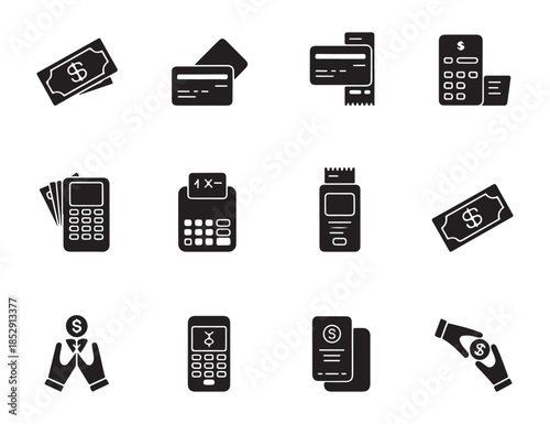 Collection of black icons representing payment methods and financial transactions on a white background