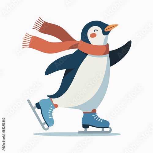 A happy cartoon penguin wearing a red scarf and blue ice skates, gracefully gliding on ice.
