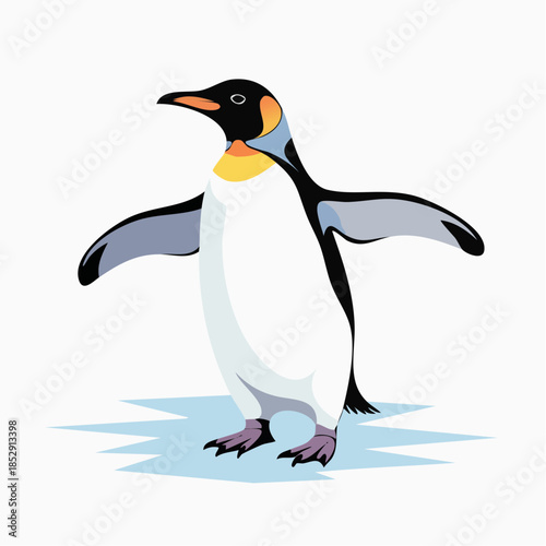 A vibrant cartoon illustration of a king penguin standing on a small patch of ice with its flippers slightly spread.