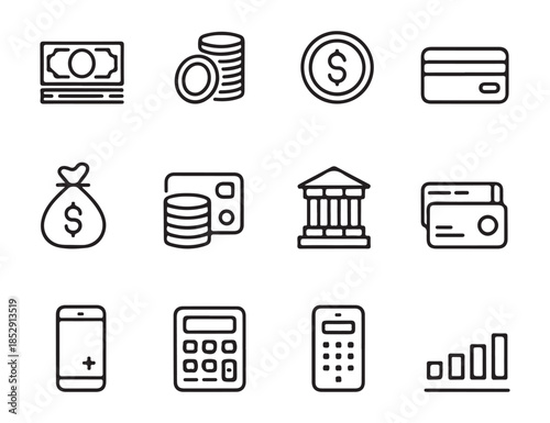 Outline icons for finance and business covering money, banking, payments, and investments