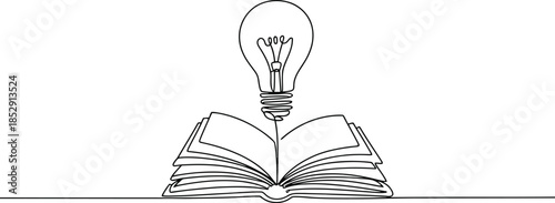 A continuous line drawing of a bright light bulb illuminating an open book, signifying learning and new ideas